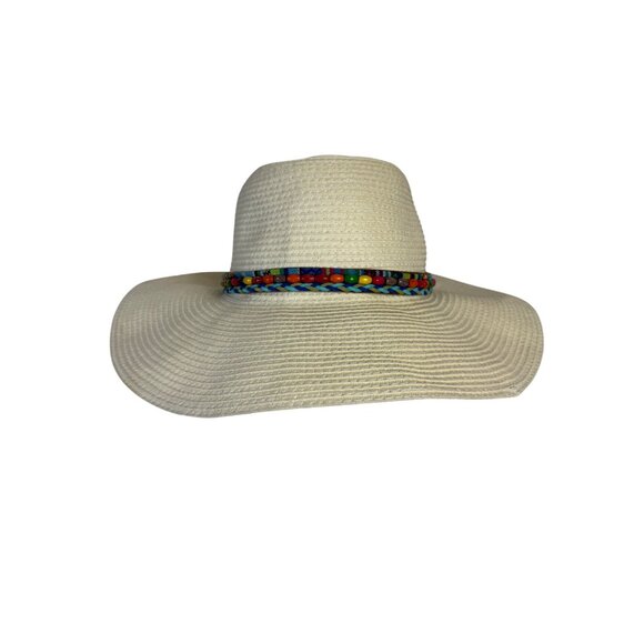 Jacobson Hats Ivory Wide Brim Straw Sun Hat Colorful Beaded Band Cruise Vacation - Picture 3 of 11